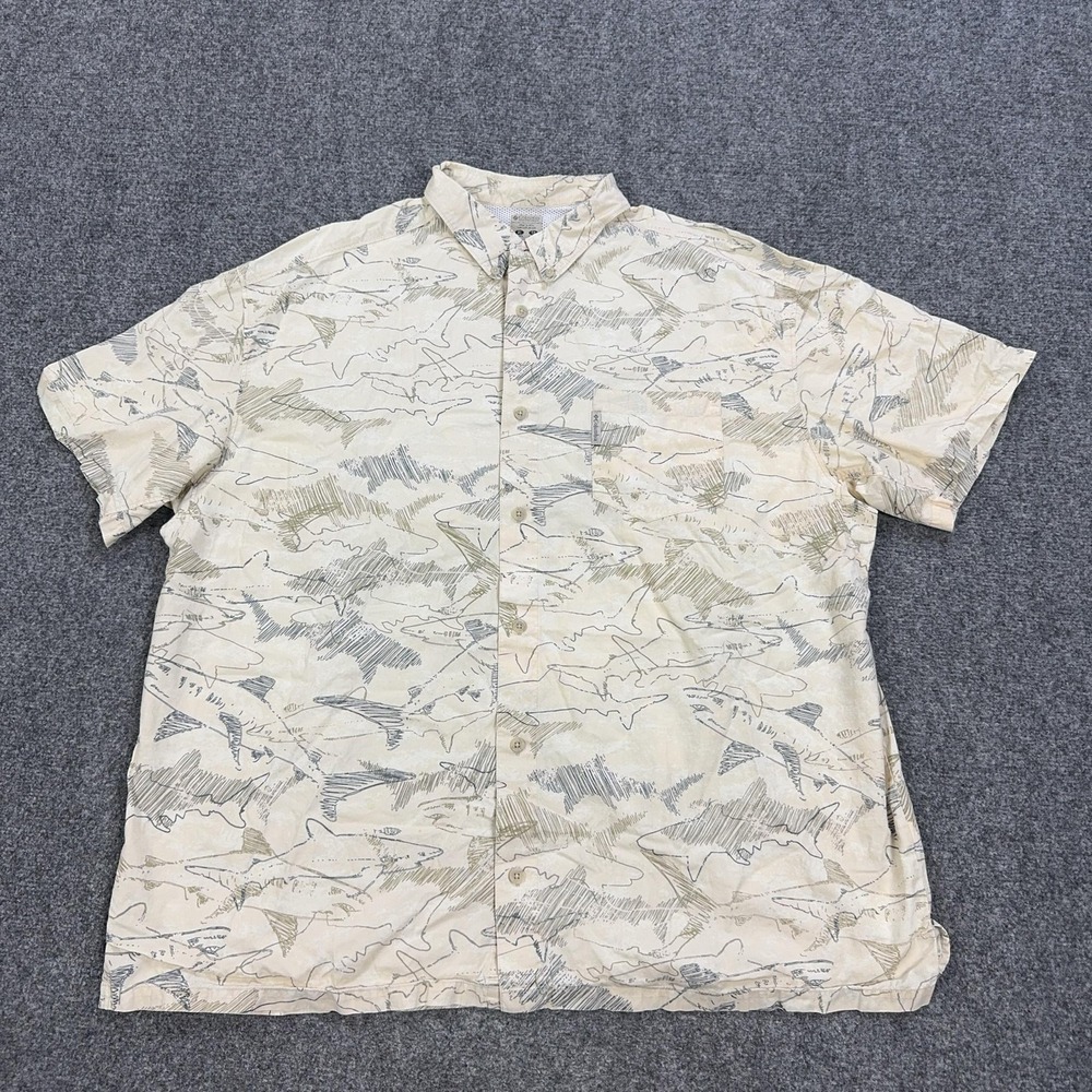 Columbia‎ Shirt Mens XL Beige Shark Print Short Sleeve PFG Fishing Vented Mesh